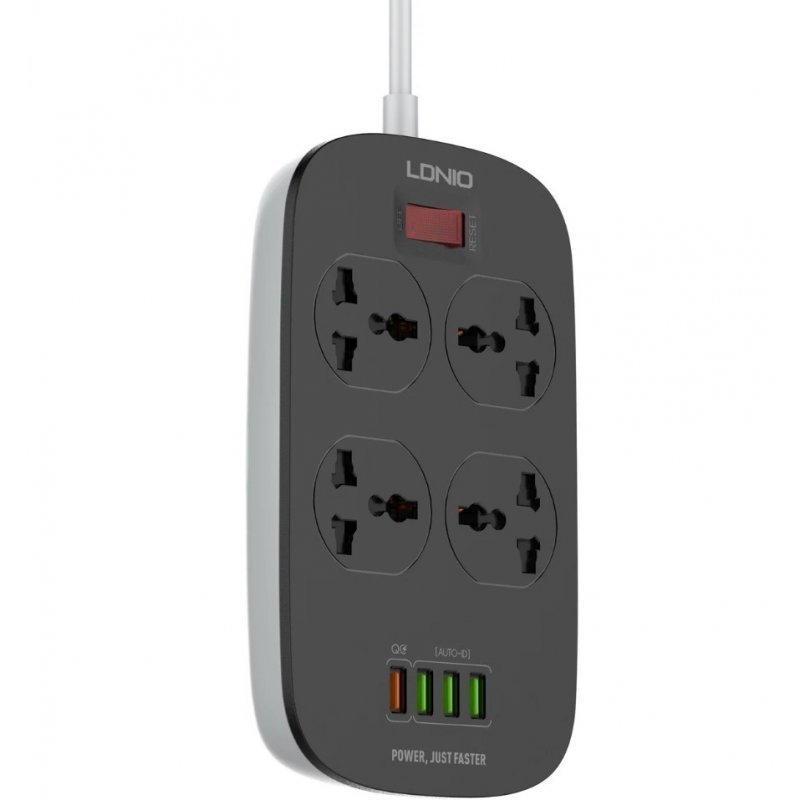 Сетевой фильтр LDNIO SC4407Q/2м/ 4 розетки EU_UK_US/ 2500W/ 4 USB+QC 3.0, Черный