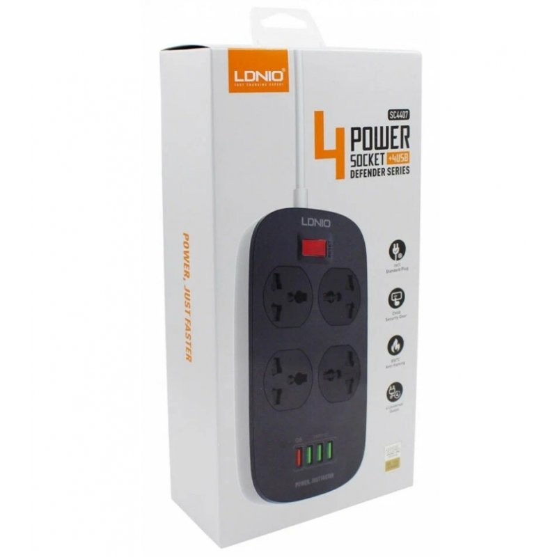 Сетевой фильтр LDNIO SC4407Q/2м/ 4 розетки EU_UK_US/ 2500W/ 4 USB+QC 3.0, Черный