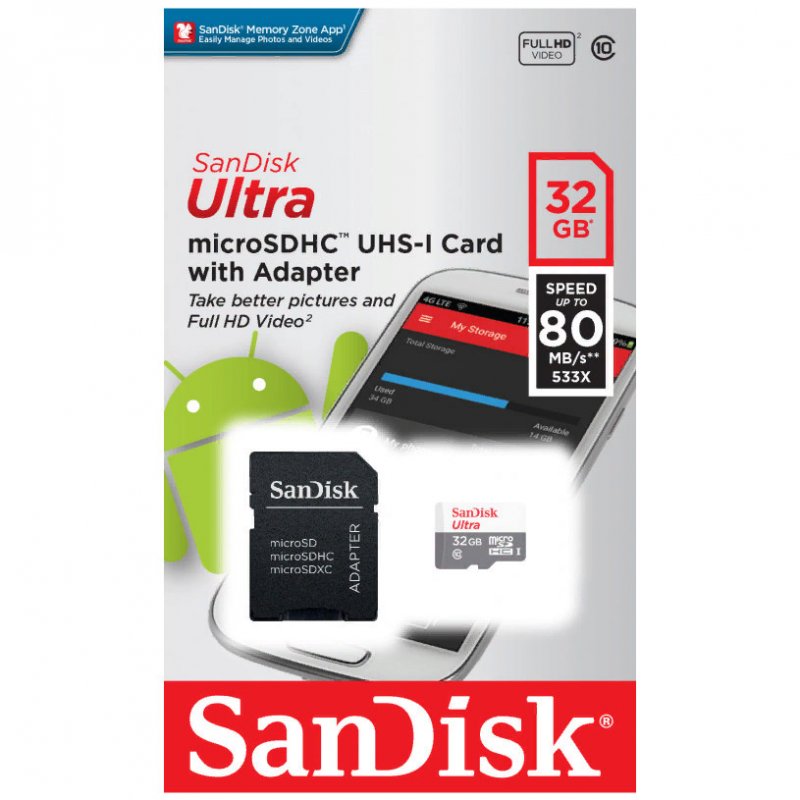 Карта памяти SanDisk Ultra microSDHC 32Gb (Class 10, UHS-I)